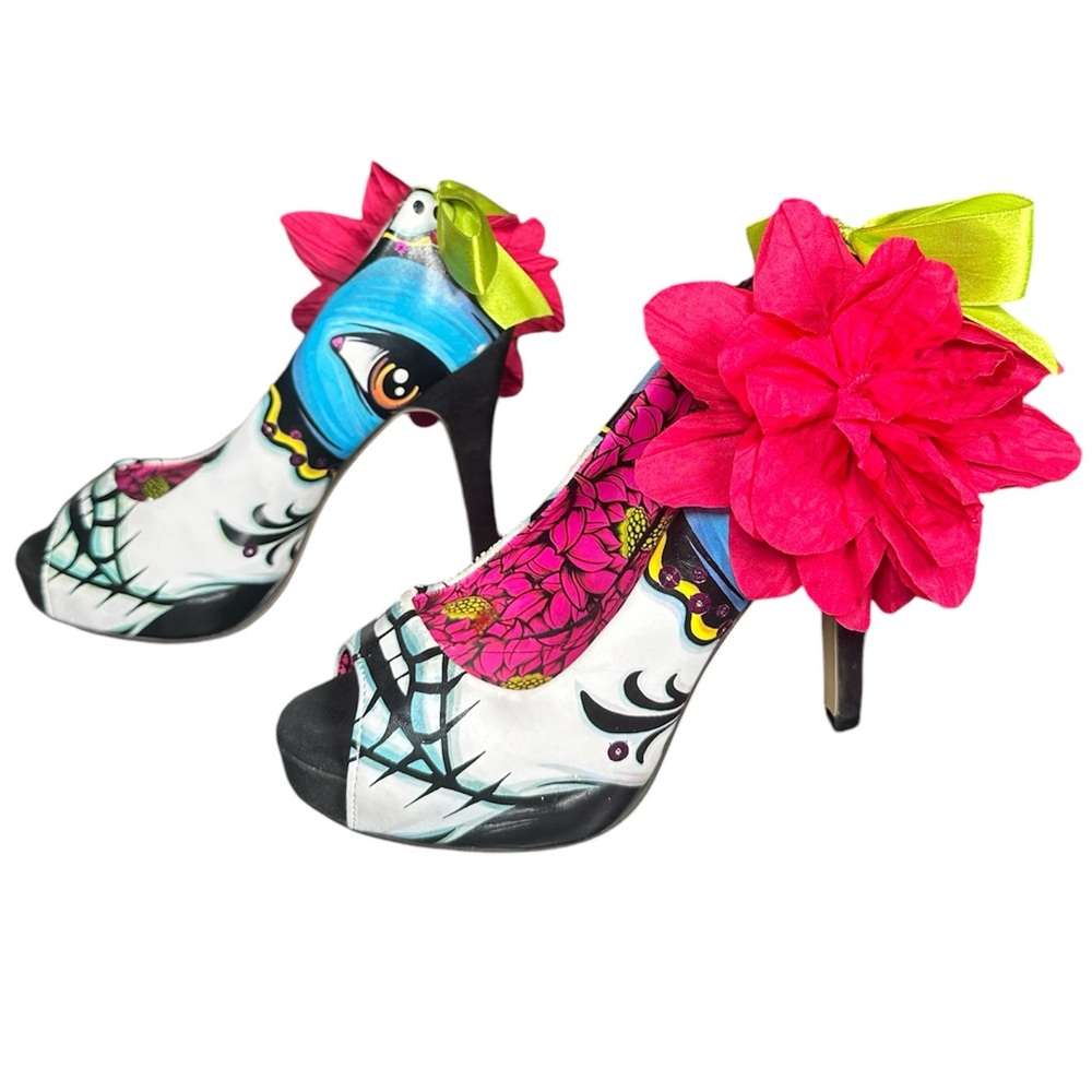 Floral Art Heels with Pink and Green Accents